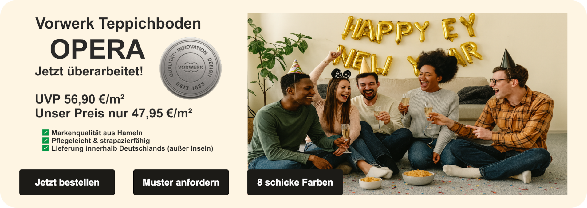 Vorwerk Teppichboden Opera in modernem Wohnzimmer mit Partystimmung